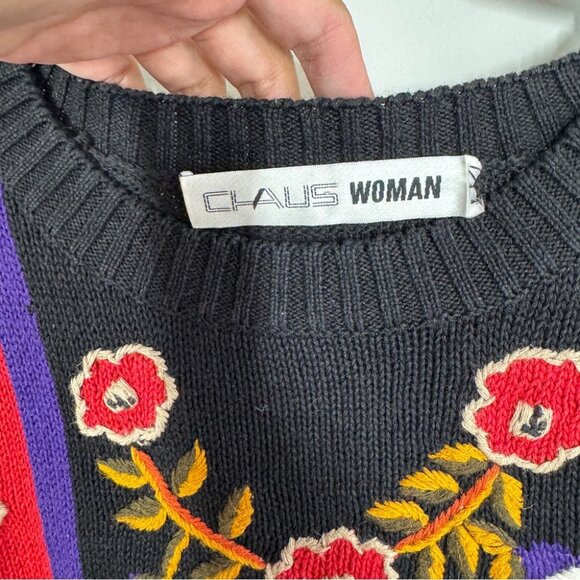 Vintage Chaus Woman Black Multi Floral Graphic Oversized Knit Grandma Sweater - Picture 7 of 11